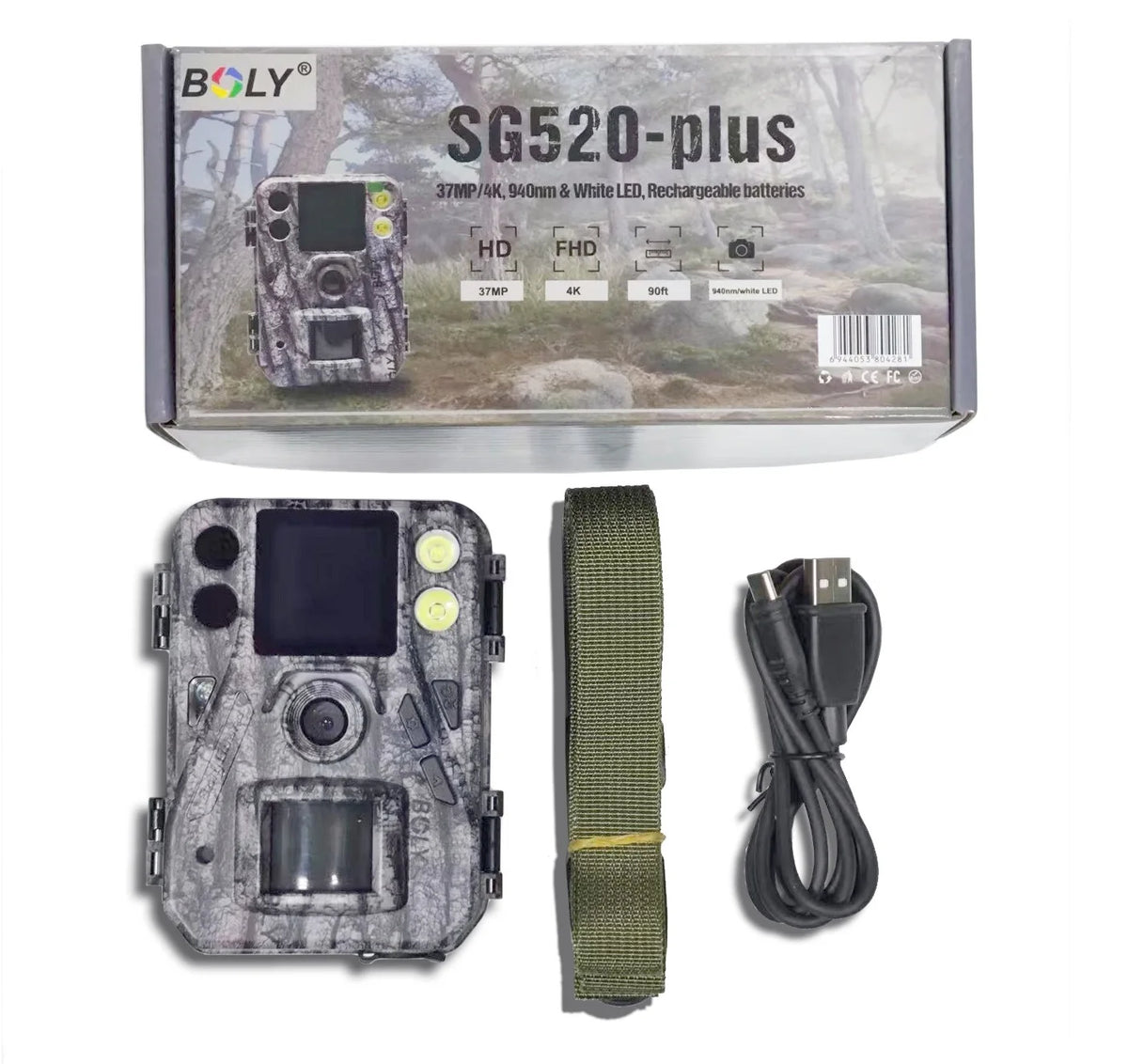 BolyGuard SG520-Plus Trail Camera-4K/48MP Night Vision Wildlife Hunting Game Camera with 940nm Black IR&White LED, Solar Ready