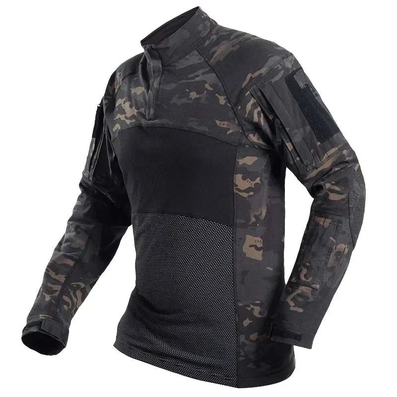 Tactical Shirts Men's Long Sleeve Combat Shirt 1/4 Zipper Ripstop Cotton Camo T Shirts Hunting Clothes Windproof