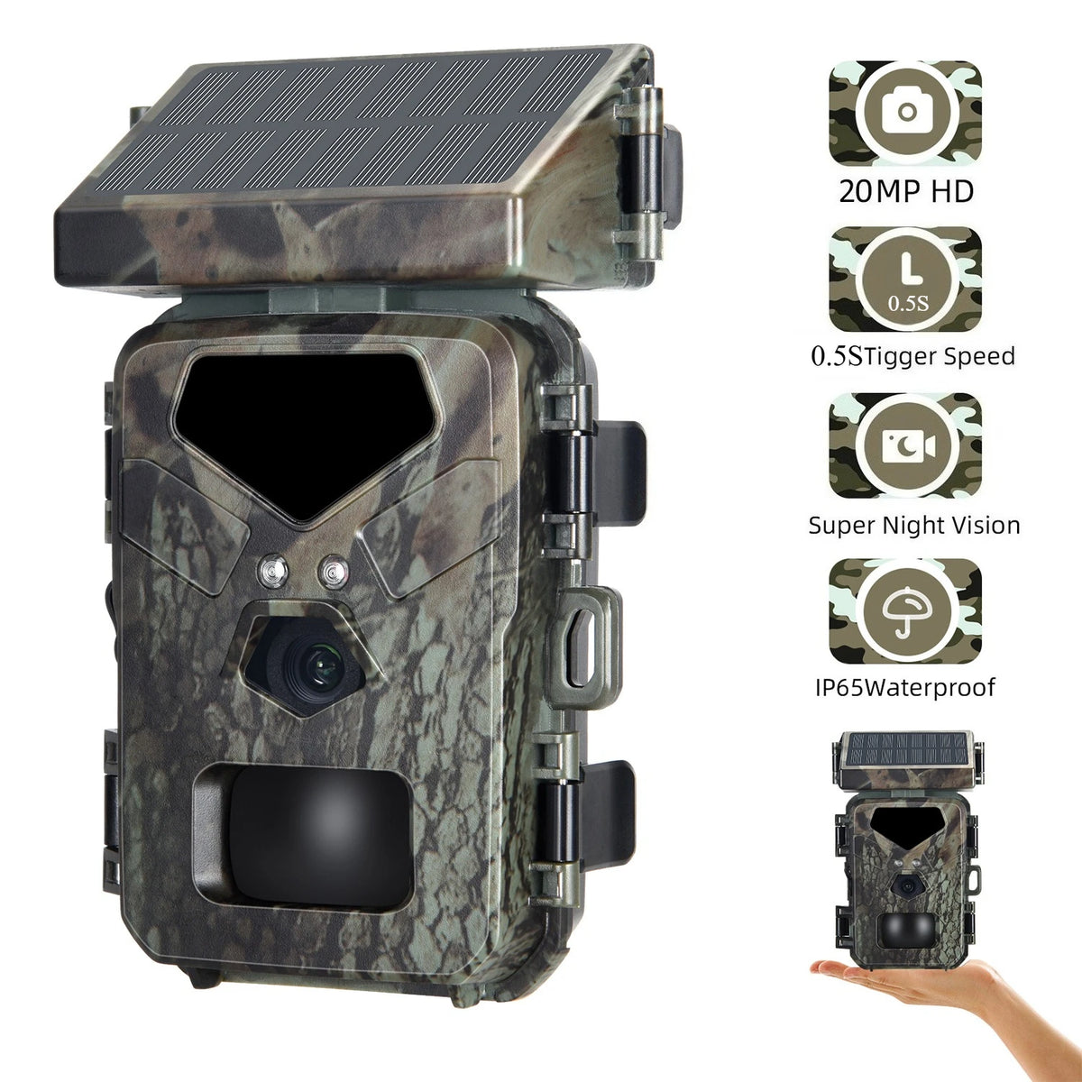 Suntekcam Mini Solar Trail Camera, 20MP 1080P Night Vision IP65 Waterproof, 0.5s Trigger Deer Scouting Wildlife Monitoring