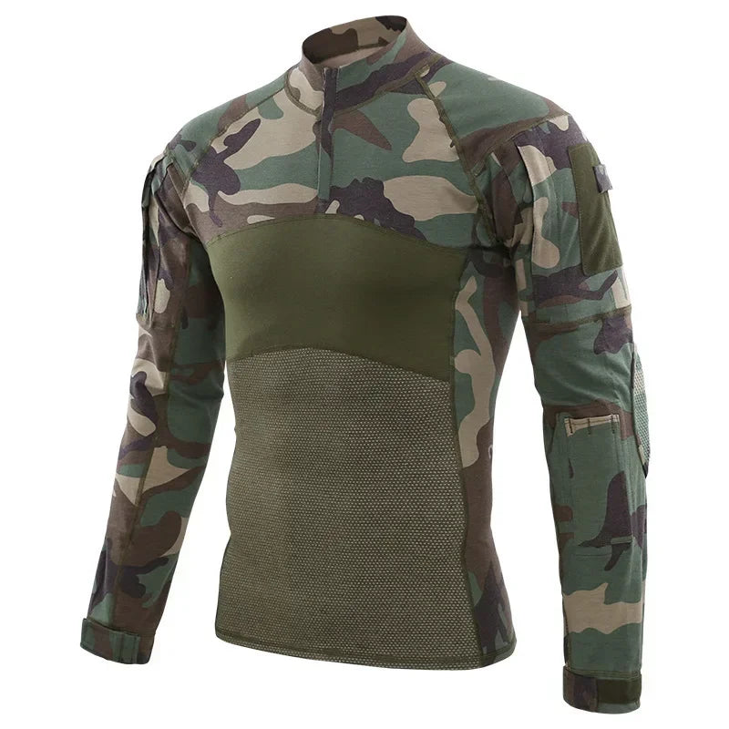 Tactical Shirts Men's Long Sleeve Combat Shirt 1/4 Zipper Ripstop Cotton Camo T Shirts Hunting Clothes Windproof