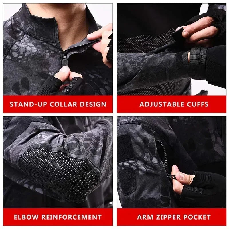 Tactical Shirts Men's Long Sleeve Combat Shirt 1/4 Zipper Ripstop Cotton Camo T Shirts Hunting Clothes Windproof
