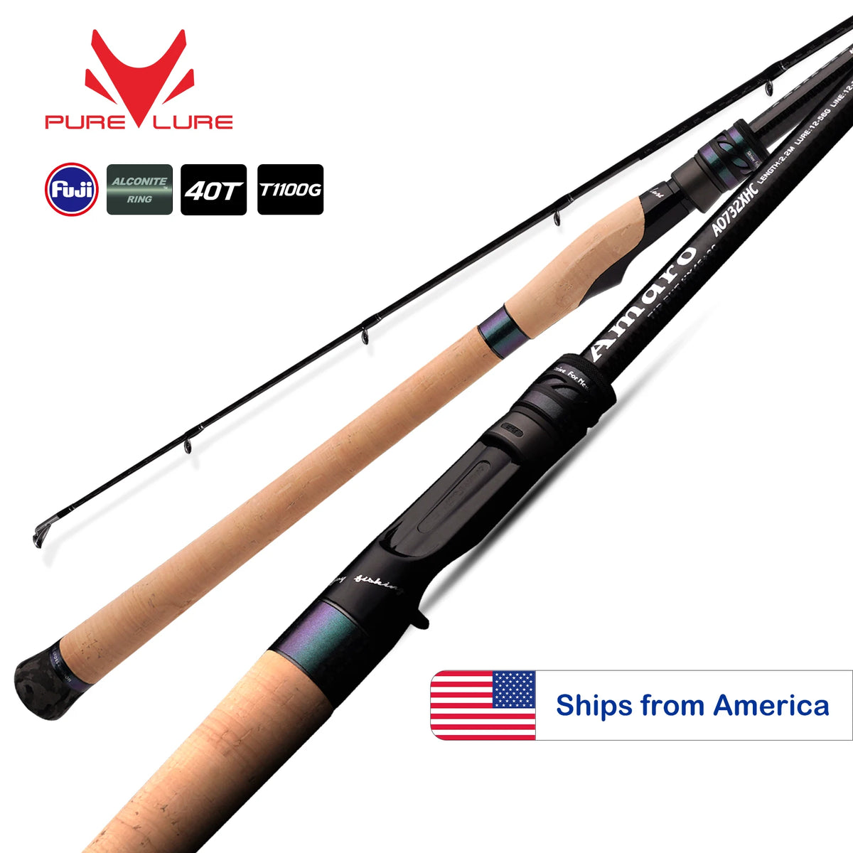 PURELURE Amaro PRO Heavy Duty Travel Fishing Rod 2 Piece Spinning & Casting Big Game Rod 40T T1100G Carbon Fiber Blank FUJI Alconite Guides One-piece Extended Cork Handle