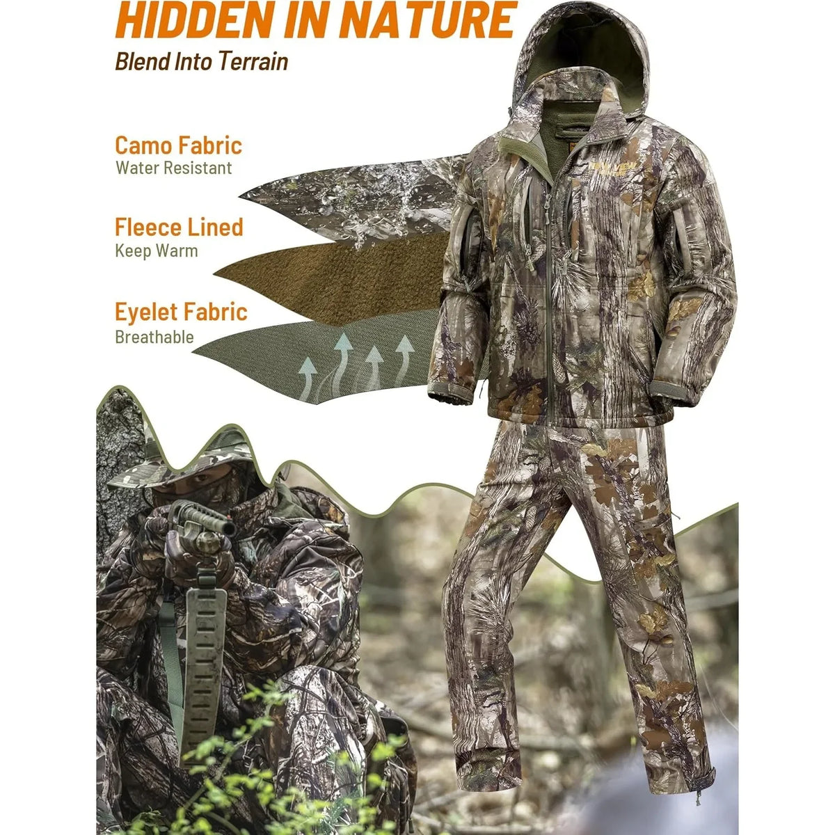 NEW VIEW Camo Hunting Clothes for Men, Quiet Warm Fleece Lining, Cold Weather Deer Hunting Jacket and Pants with Face Mask
