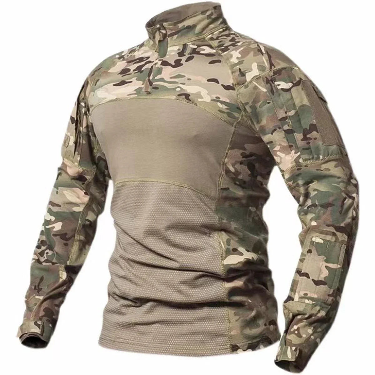 Tactical Shirts Men's Long Sleeve Combat Shirt 1/4 Zipper Ripstop Cotton Camo T Shirts Hunting Clothes Windproof