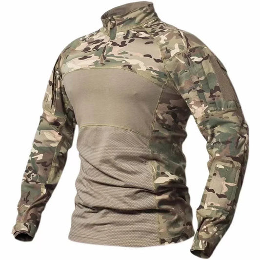 Tactical Shirts Men's Long Sleeve Combat Shirt 1/4 Zipper Ripstop Cotton Camo T Shirts Hunting Clothes Windproof