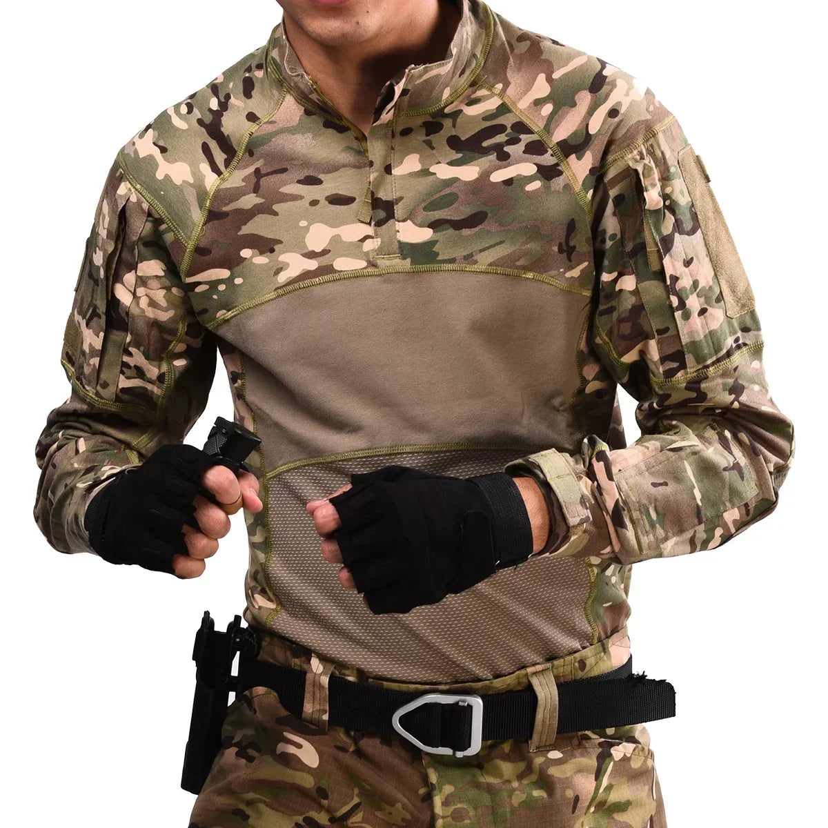 Tactical Shirts Men's Long Sleeve Combat Shirt 1/4 Zipper Ripstop Cotton Camo T Shirts Hunting Clothes Windproof