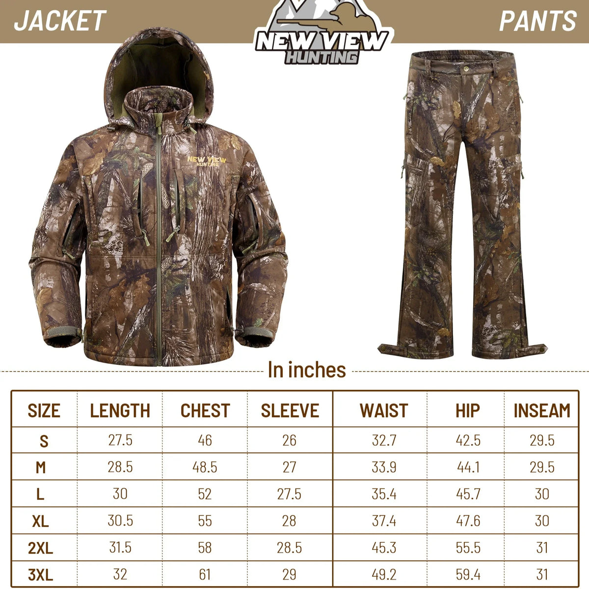 NEW VIEW Camo Hunting Clothes for Men, Quiet Warm Fleece Lining, Cold Weather Deer Hunting Jacket and Pants with Face Mask