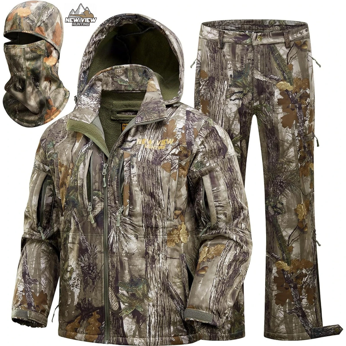 NEW VIEW Camo Hunting Clothes for Men, Quiet Warm Fleece Lining, Cold Weather Deer Hunting Jacket and Pants with Face Mask