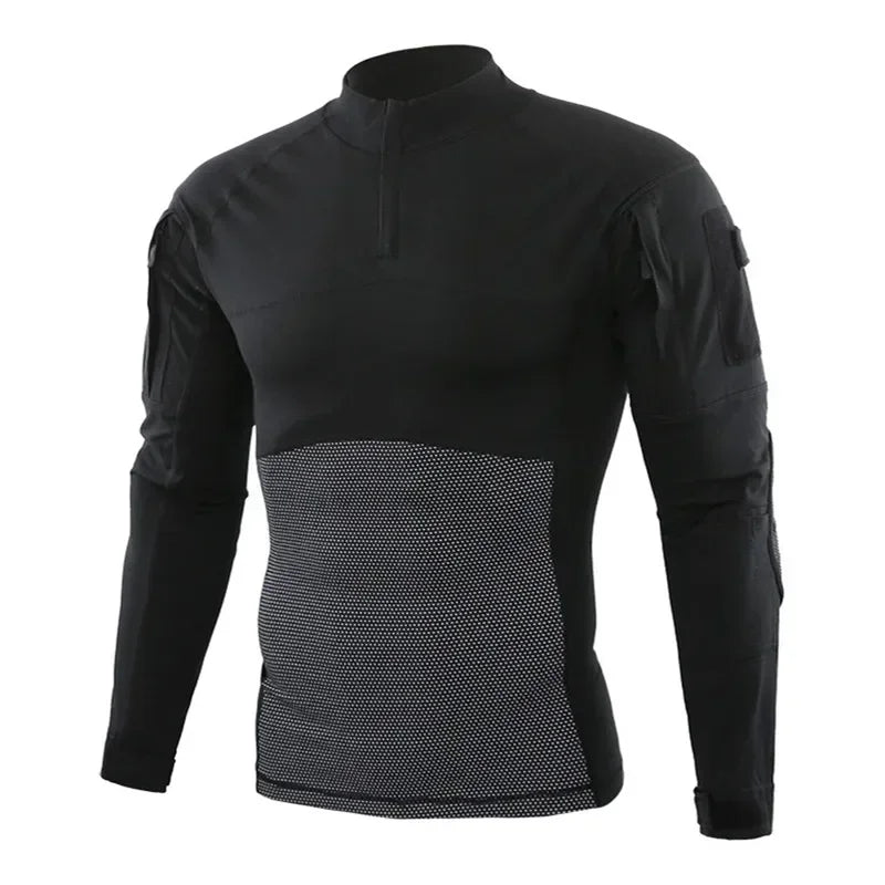 Tactical Shirts Men's Long Sleeve Combat Shirt 1/4 Zipper Ripstop Cotton Camo T Shirts Hunting Clothes Windproof