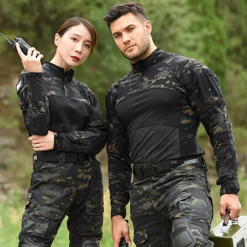 Tactical Shirts Men's Long Sleeve Combat Shirt 1/4 Zipper Ripstop Cotton Camo T Shirts Hunting Clothes Windproof