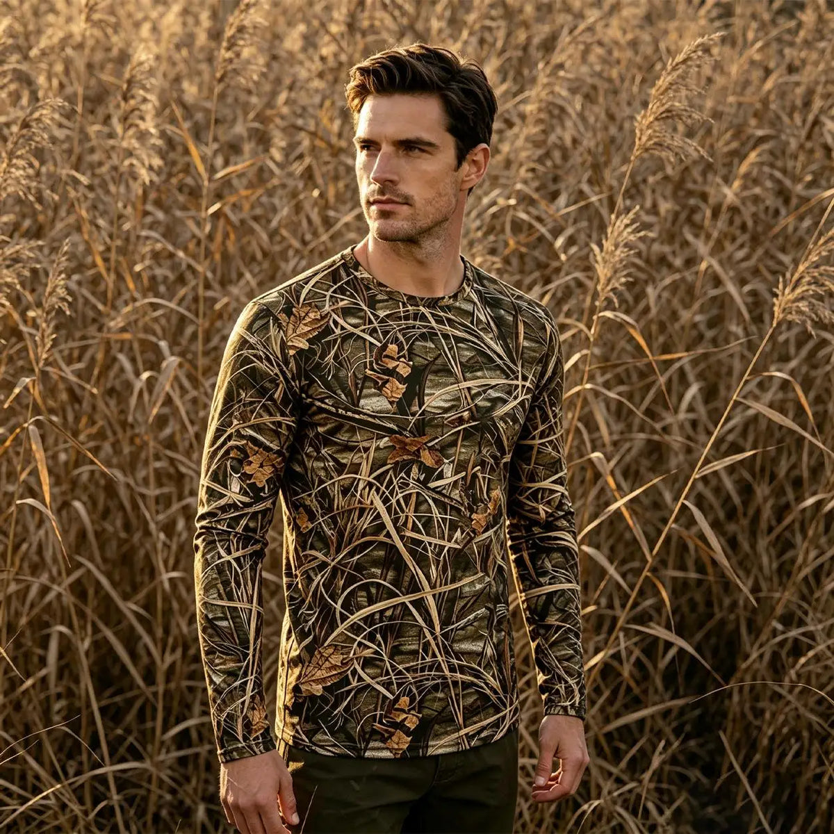 Men Quick Dry Camo Long Sleeve Tee 3D Tree Bark Reed Leaf Bionic Camouflage T-Shirt Outdoor Hunting Fishing Hiking Tactical Top