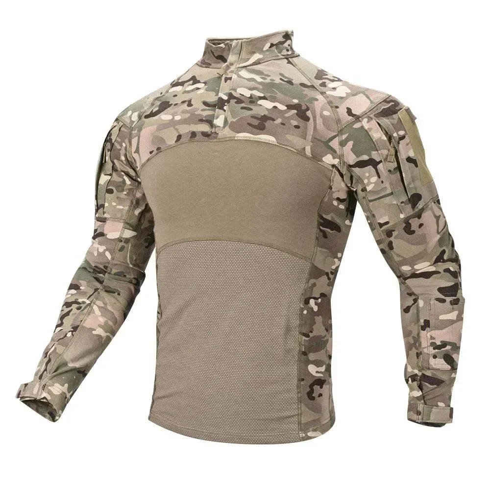 Tactical Shirts Men's Long Sleeve Combat Shirt 1/4 Zipper Ripstop Cotton Camo T Shirts Hunting Clothes Windproof